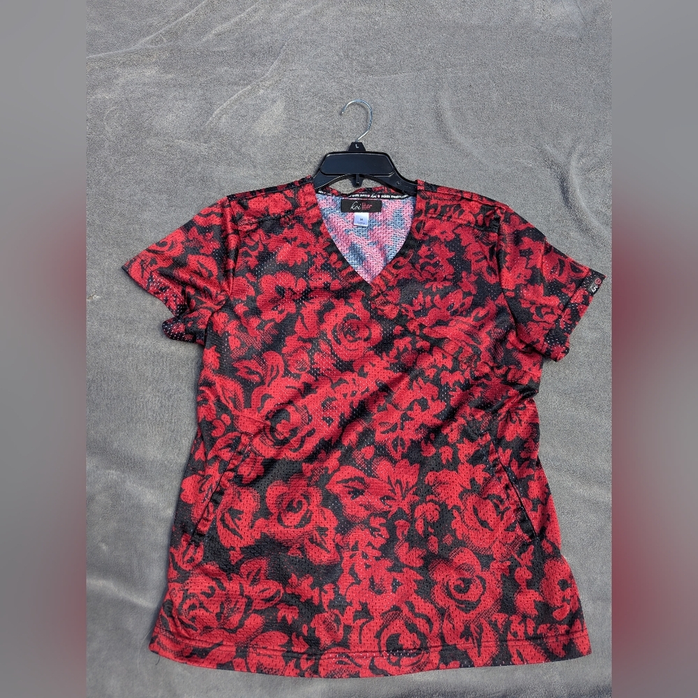 Koi Lite Medium Red and Black Floral Short Sleeve Scrub Top